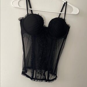Victoria's Secret Black Corset with Sheer Mesh and Ruffle Detail